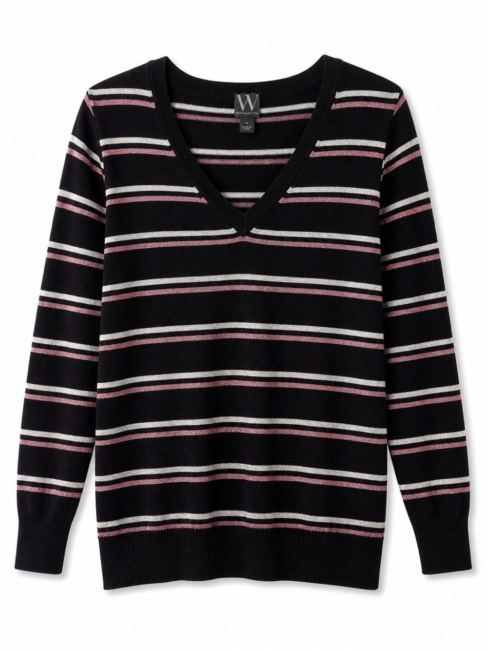 Worthington Striped V Neck Sweater Large Black Pink Metallic Knit Top